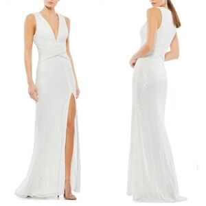 NWT Ieena Mac Duggal 26598 White Sequin Gown bridal formal Size 8